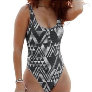 Aerie One Piece Swimsuit S Black White Geometric Tribal Henley High Cut Cheeky